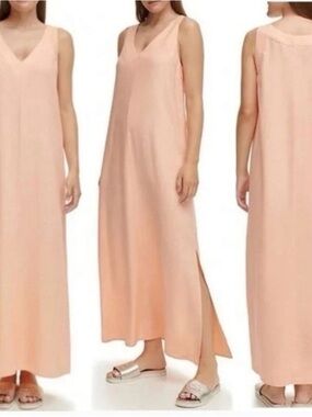 XXL DKNY Peach Linen Maxi Dress, vneck, sleeveless, side slits, minimalist.